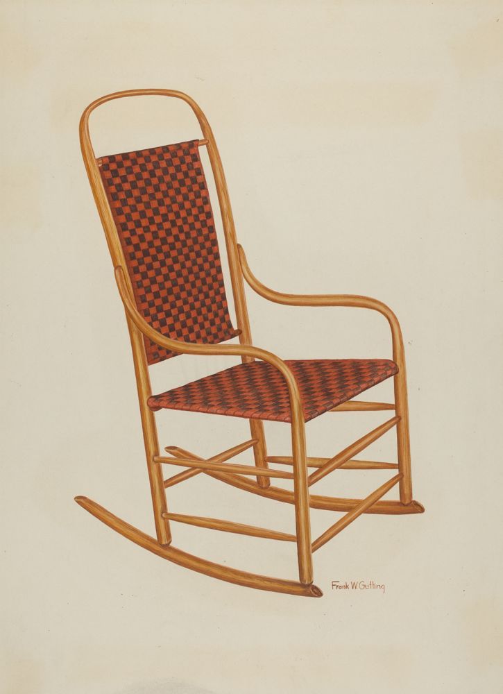 Aquarelle d'un rocking-chair en bois à assise cannée rouge